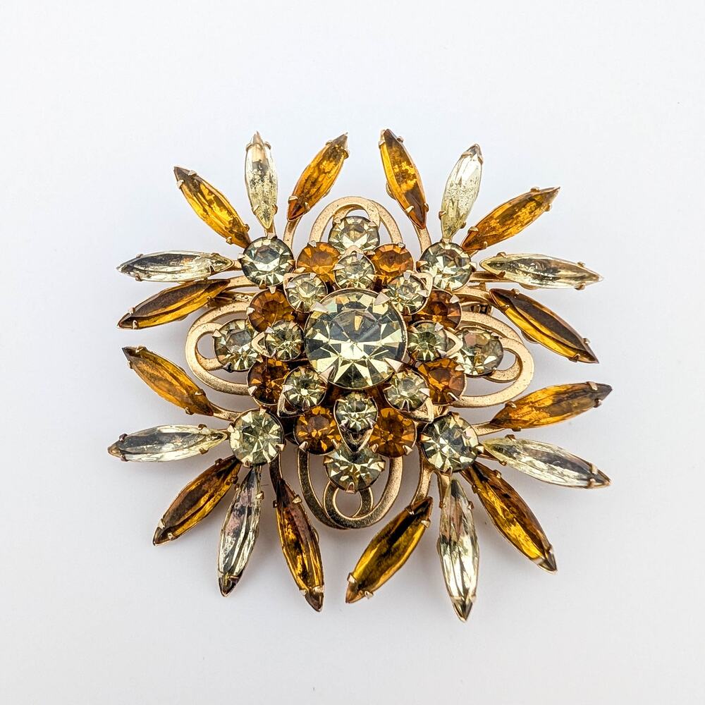 Vintage Signed Judy Lee Sunburst Flower Brooch Champagne and Clear Fall Colors